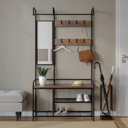 Entryway Hallway Coat Hanger Stand & Shoe Bench Storage Display Rack with Mirror