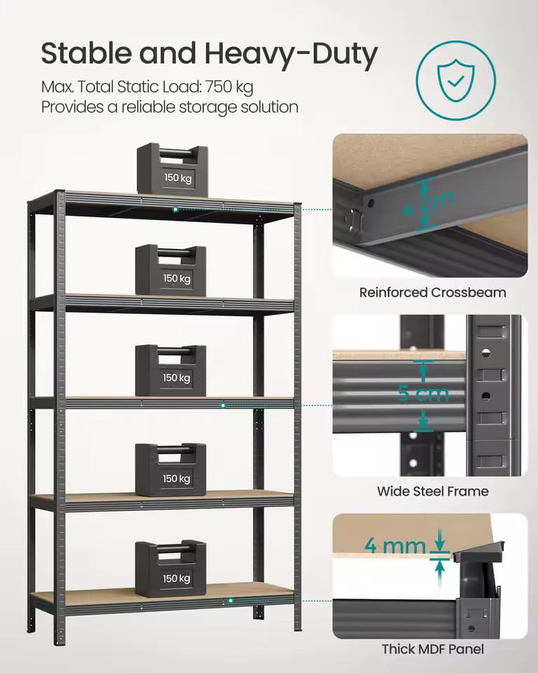 5 Tier Shelving Unit 200x120x60cm Heavy Duty Adjustable Storage Shelves
