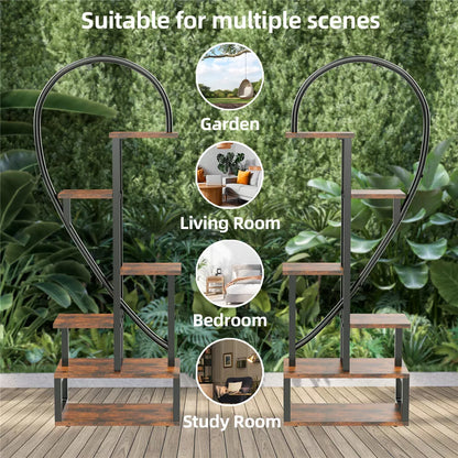 6 Tier Metal Plant Stand Indoor Half Heart Shaped Flower Shelf W/ Hanging Hooks