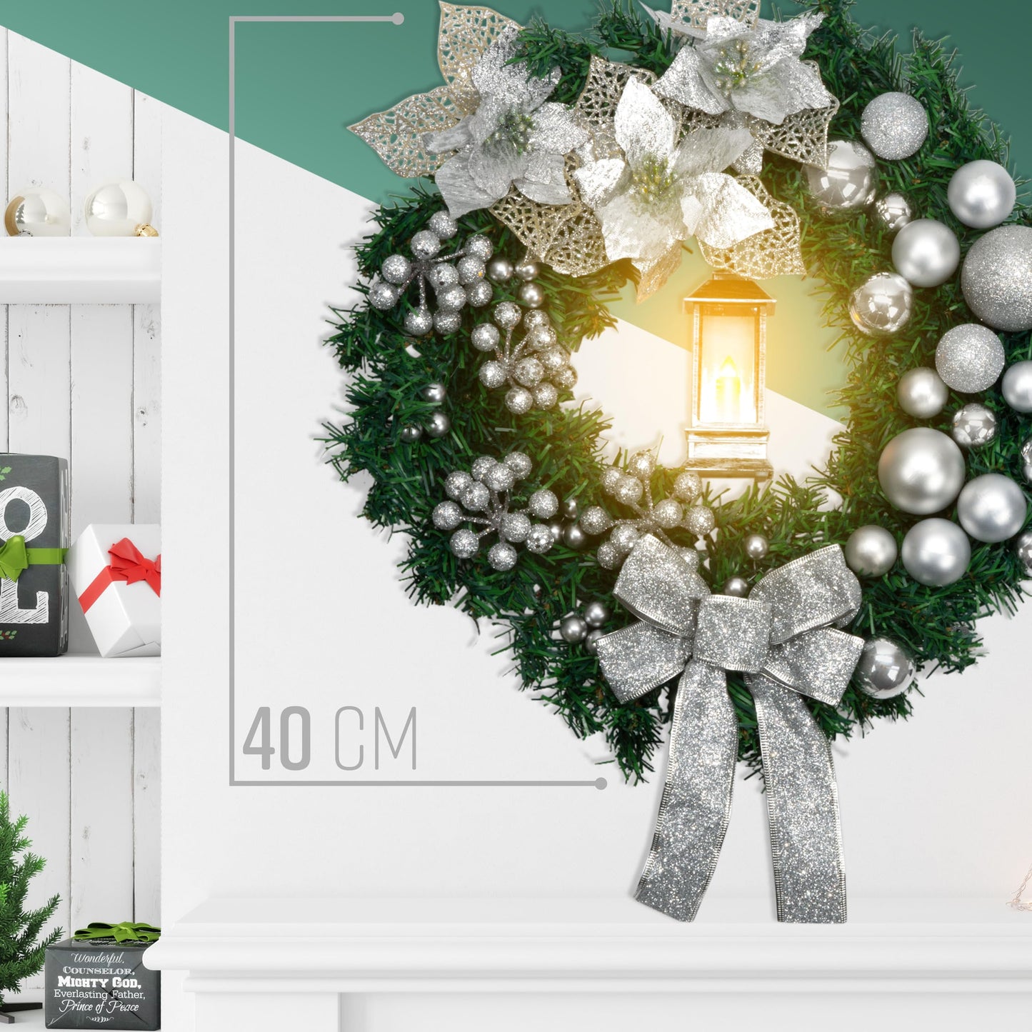 40cm Christmas Wreath with Bows Baubles & Lantern