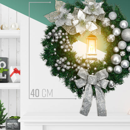 40cm Christmas Wreath with Bows Baubles & Lantern