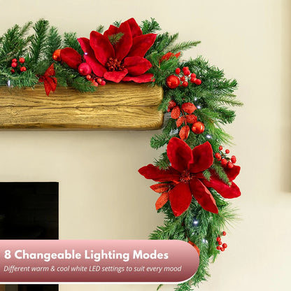 Christmas Light Up Garland 9ft Artificial Luxury Red Poinsettia Warm White LED's