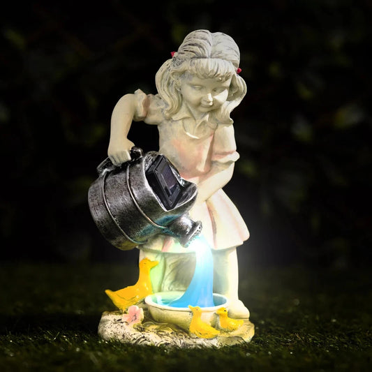 Solar LED Garden Ornament Girl Watering Can Outdoor Light Up Statue Lighting