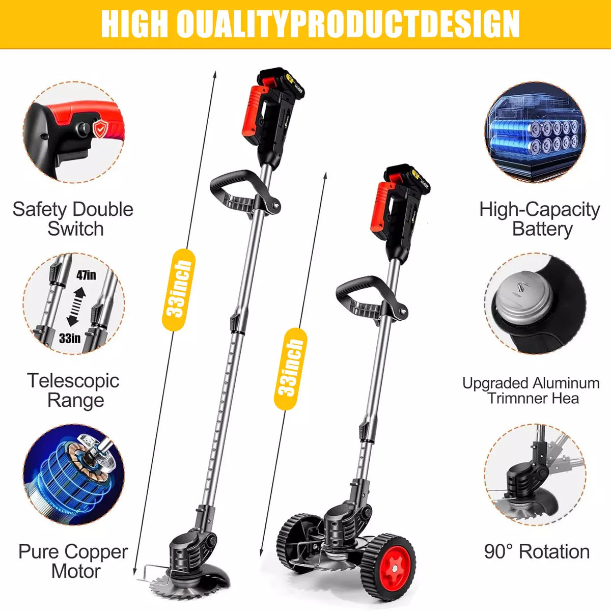 Wheel Cordless Strimmer Grass Trimmer Tree Cutter Garden Edger 2 Batteries Set