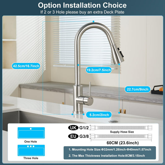 Kitchen Sink Mixer Taps, Pull Out Hose Brushed Stainless Steel 4 Spary Modes,360° Swivel