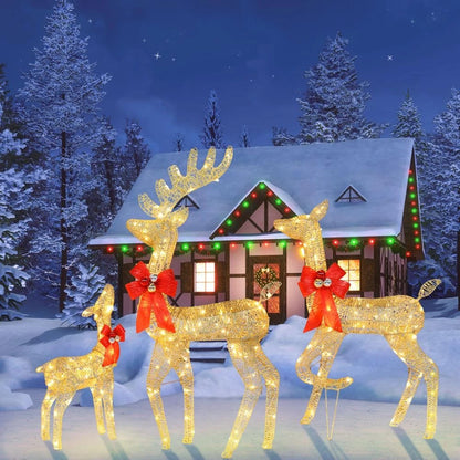 Set of 3 Light Up Reindeer Family Outdoor Christmas Decoration White Wire LED UK