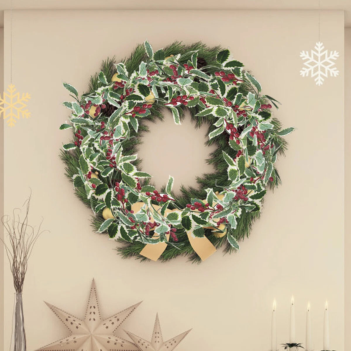 2M Christmas Garland Holly Leaf Red Berries Winter Fireplace Hanging Party Decor