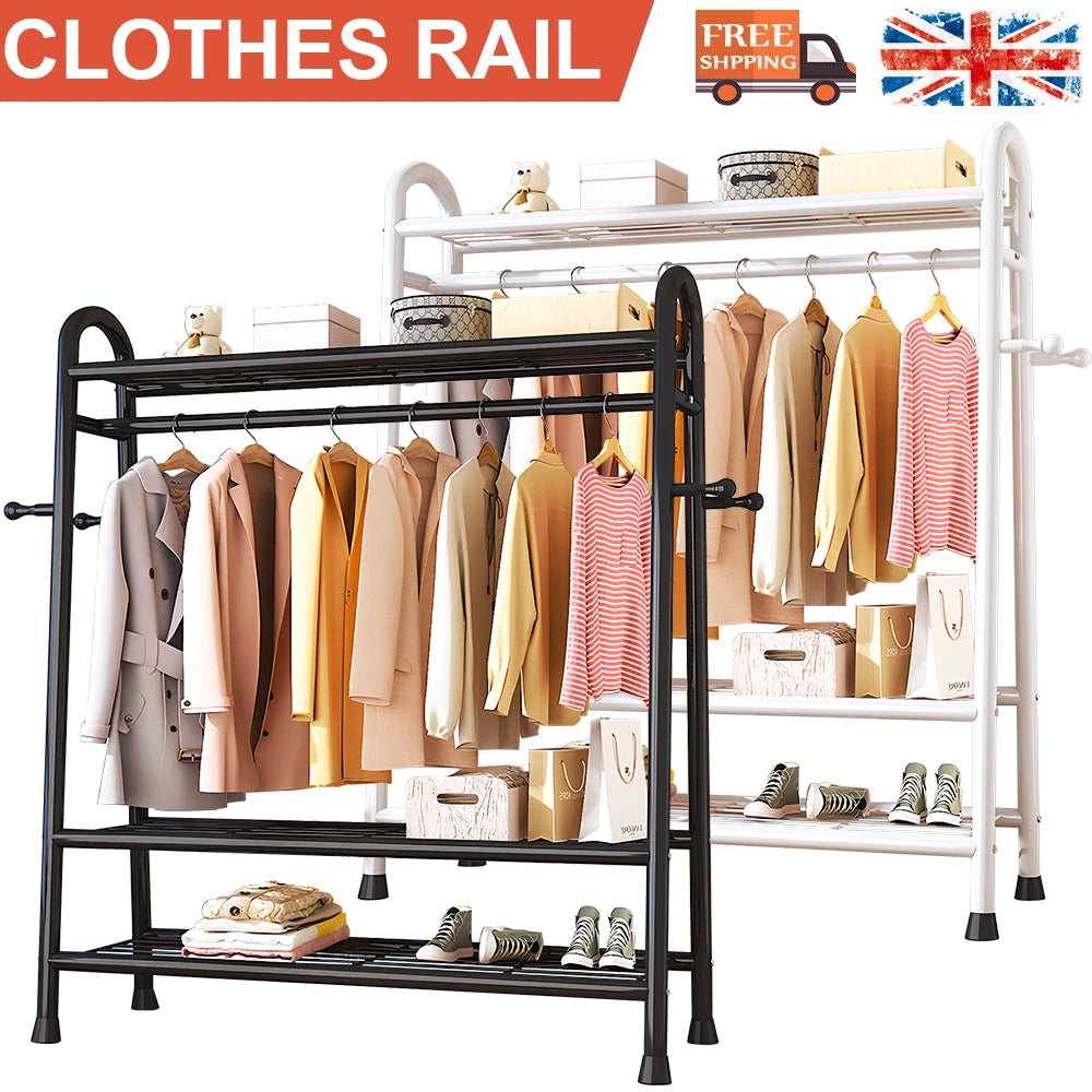 Heavy Duty Double Clothes Rail Rack Garment Hanging Stand Open Wardrobe Shelf UK