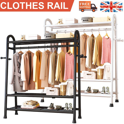 Heavy Duty Double Clothes Rail Rack Garment Hanging Stand Open Wardrobe Shelf UK