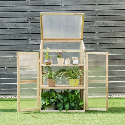 Mini Wooden Cold Frame Greenhouse Outdoor 3-Tier Raised Flower Planter Shelf