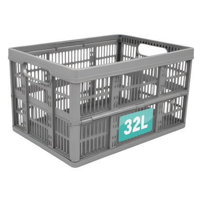 32L Collapsible Plastic Storage Crate Box Stackable Office Garage Assorted UK