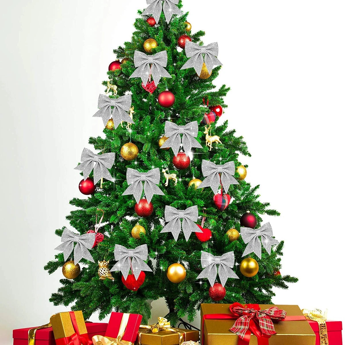 10Pcs Glitter Bows Christmas Tree Big Bowknot Ornaments Xmas Party Present Gifts