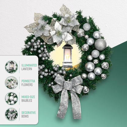 40cm Christmas Wreath with Bows Baubles & Lantern
