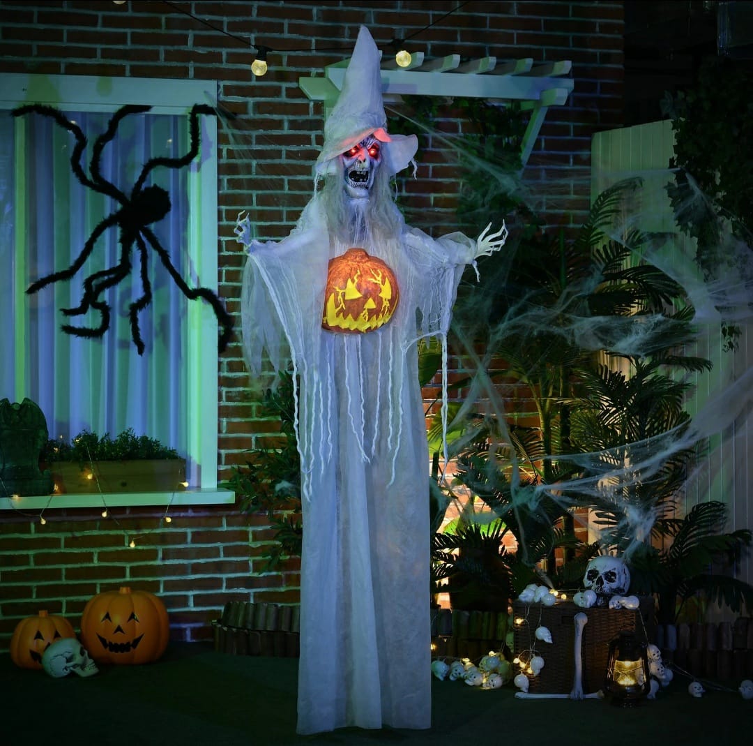 6ft Life Size Outdoor Halloween Decoration Witch with Pumpkin, Light Up Eyes