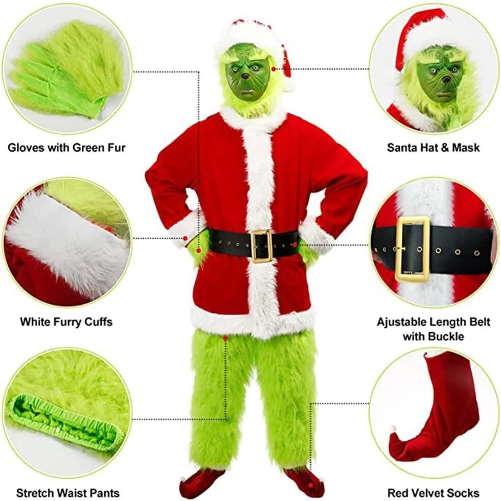 The Grinch Costume Mask Cosplay Adult Christmas Santa Suit Fancy Dress Outfit UK
