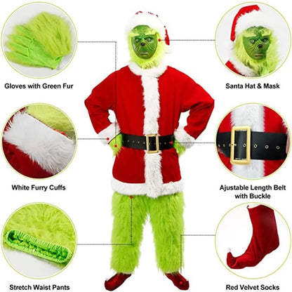 The Grinch Costume Mask Cosplay Adult Christmas Santa Suit Fancy Dress Outfit UK