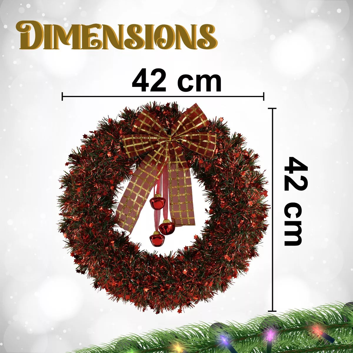 42cm Large Christmas Tinsel Wreath Gold 'Red and silver, Wall Window Door Hanging Decoration