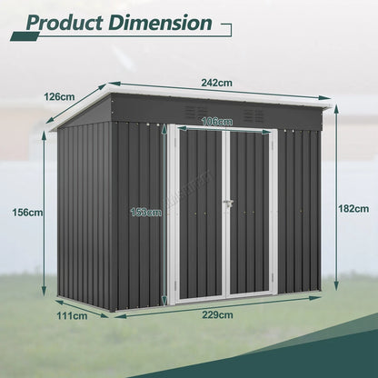4X8FT Garden Shed Pent Roof Metal Free Foundation Base Storage House Anthracite