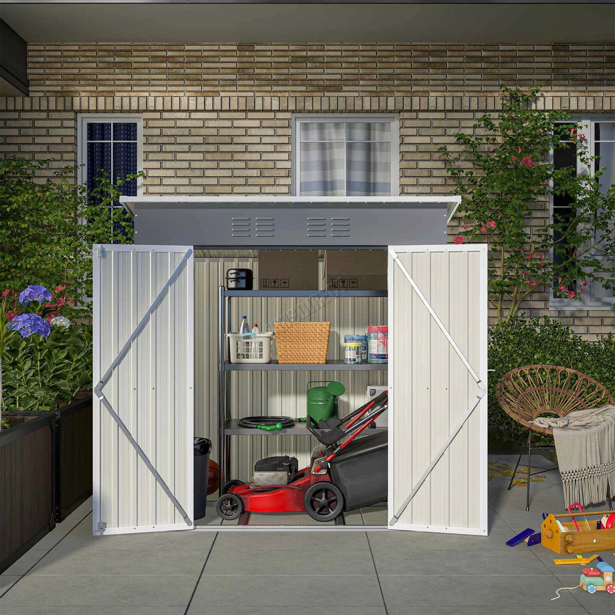 4X6FT Garden Metal Shed Storage House Pent Roof With Free Foundation Base Grey