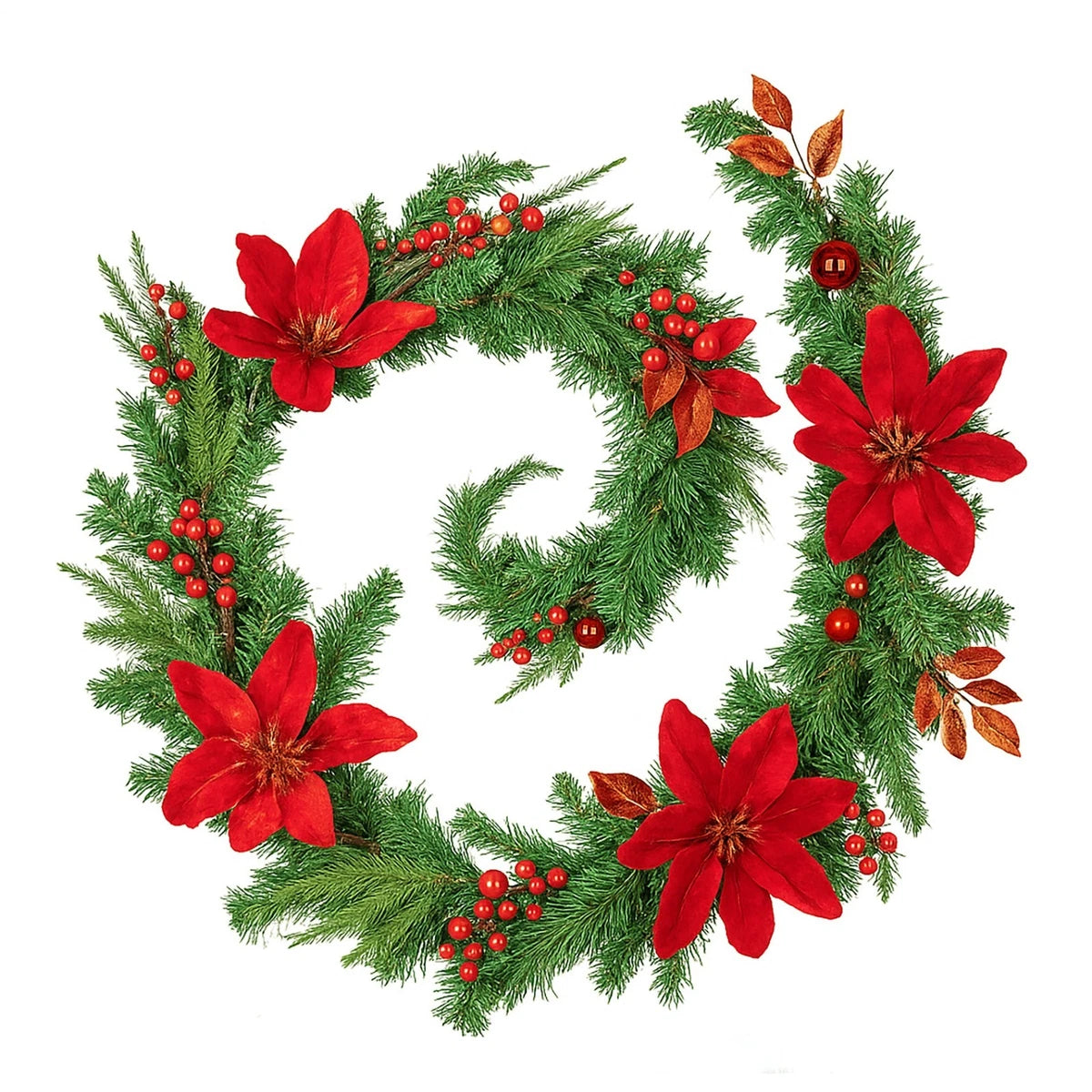 Christmas Light Up Garland 9ft Artificial Luxury Red Poinsettia Warm White LED's