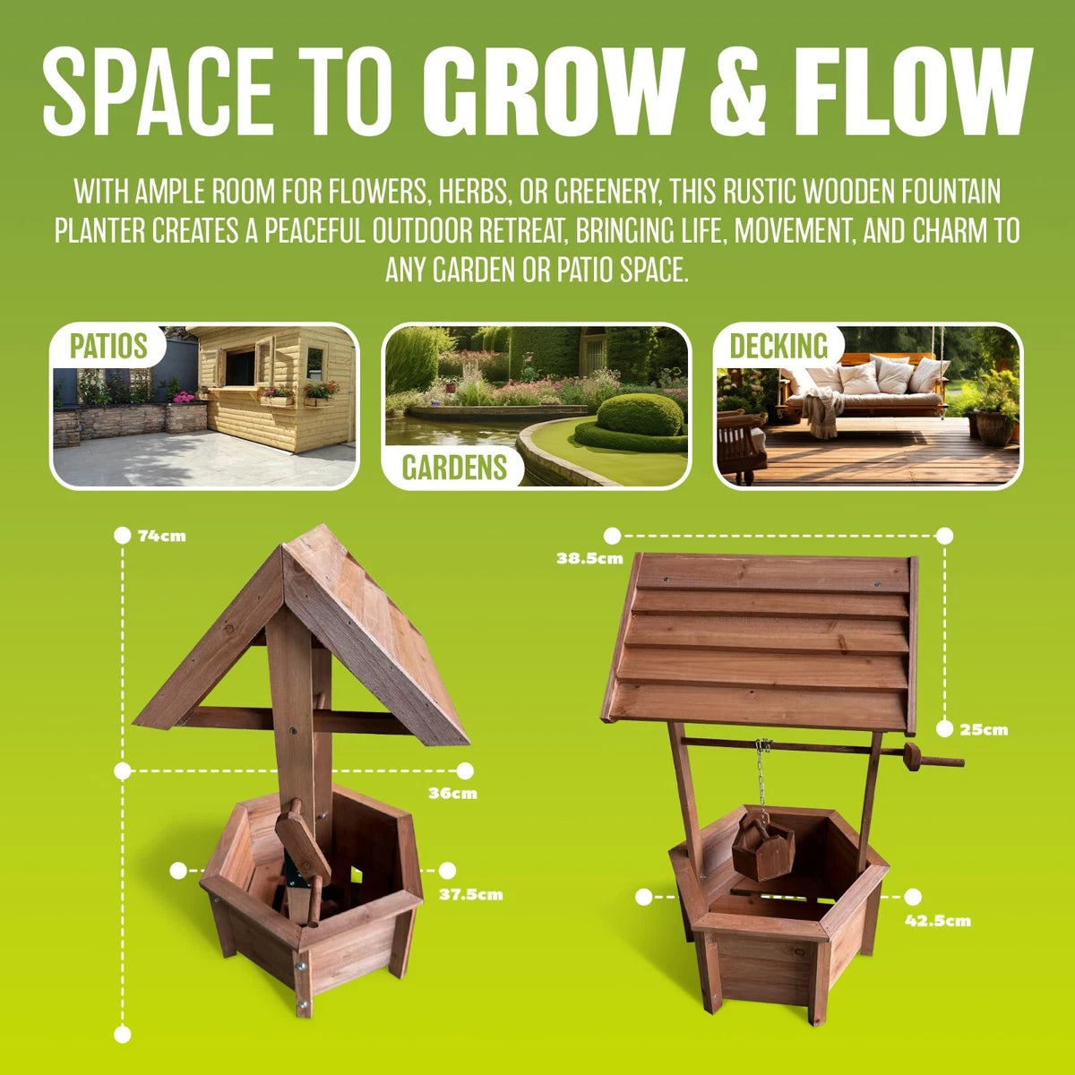 GARDEN WOODEN ORNAMENTAL PLANT FLOWER WISHING WELL PLANTER DECOR POT PATIO BOX