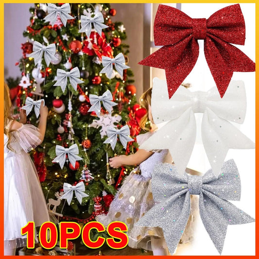 10Pcs Glitter Bows Christmas Tree Big Bowknot Ornaments Xmas Party Present Gifts