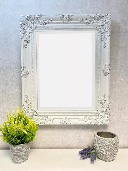 Antique White Ornate Wall Mirror with Stunning Hardwood Frame – Size 53 x 43cm