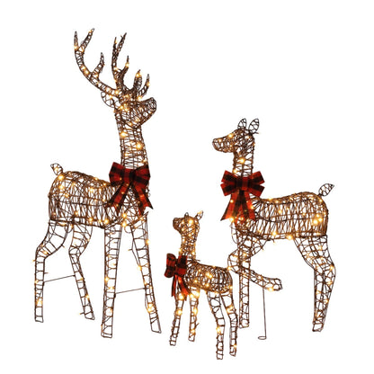 3pcs 4FT Lighted Christmas Rattan Reindeer Xmas Decoration Deer Family Set Brown