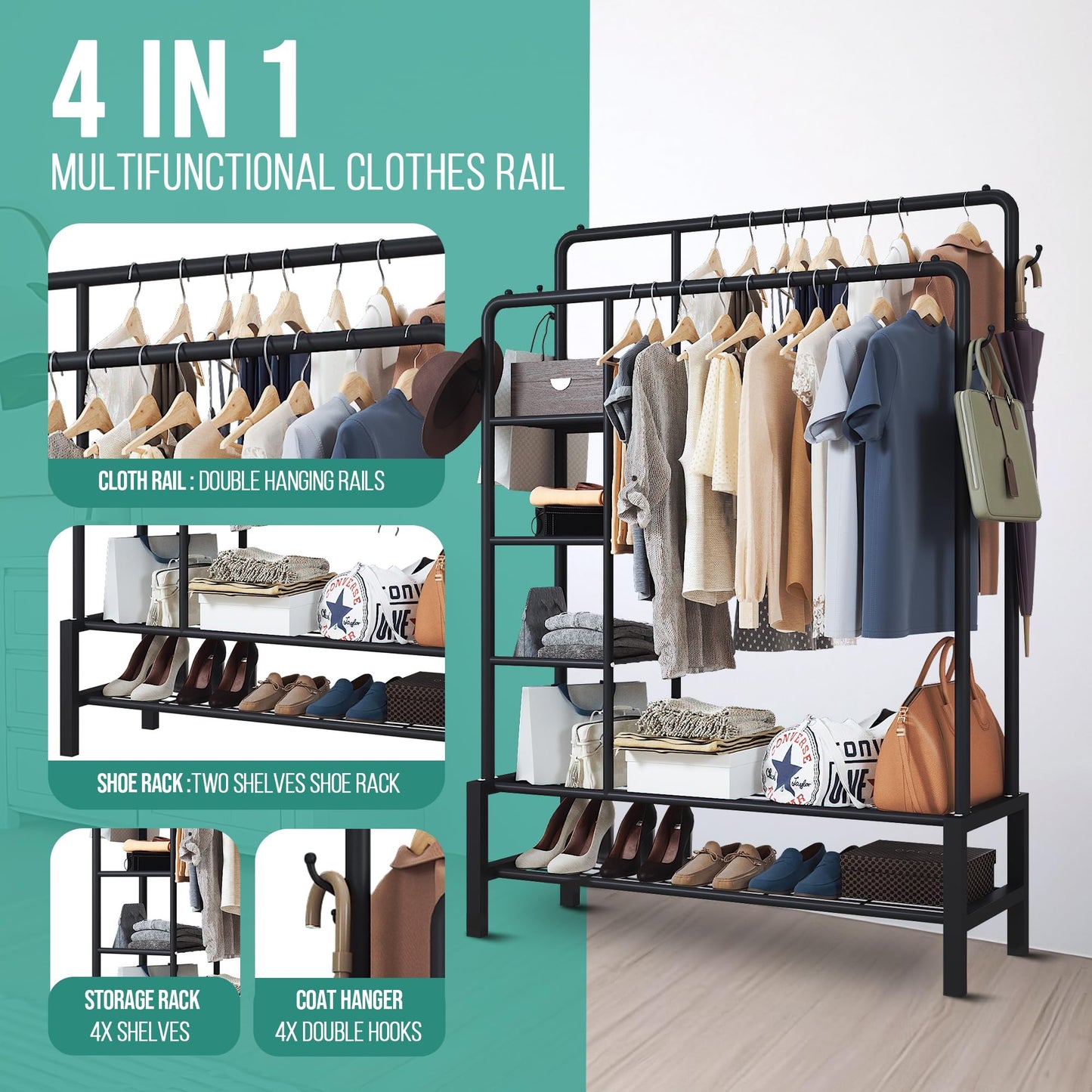 Heavy Duty Double Clothes Rail Hanging Rack Garment Display Stand Open Wardrobe Upgraded