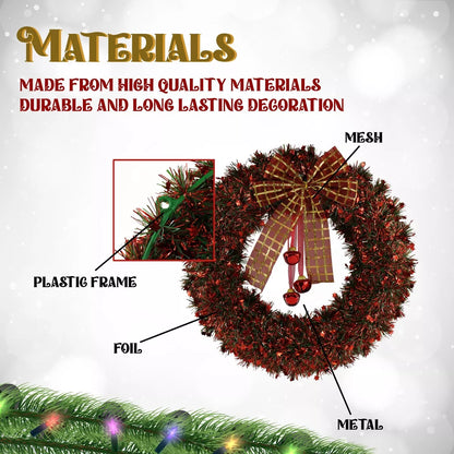 42cm Large Christmas Tinsel Wreath Gold 'Red and silver, Wall Window Door Hanging Decoration