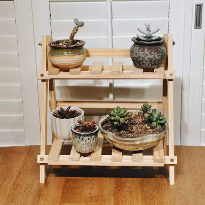 2-Tier Foldable Storage Rack Wooden Ladder Shelf Free-Standing for Home Decor