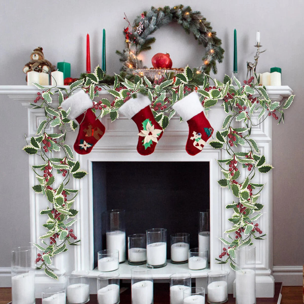 2M Christmas Garland Holly Leaf Red Berries Winter Fireplace Hanging Party Decor
