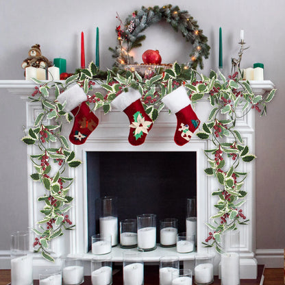 2M Christmas Garland Holly Leaf Red Berries Winter Fireplace Hanging Party Decor
