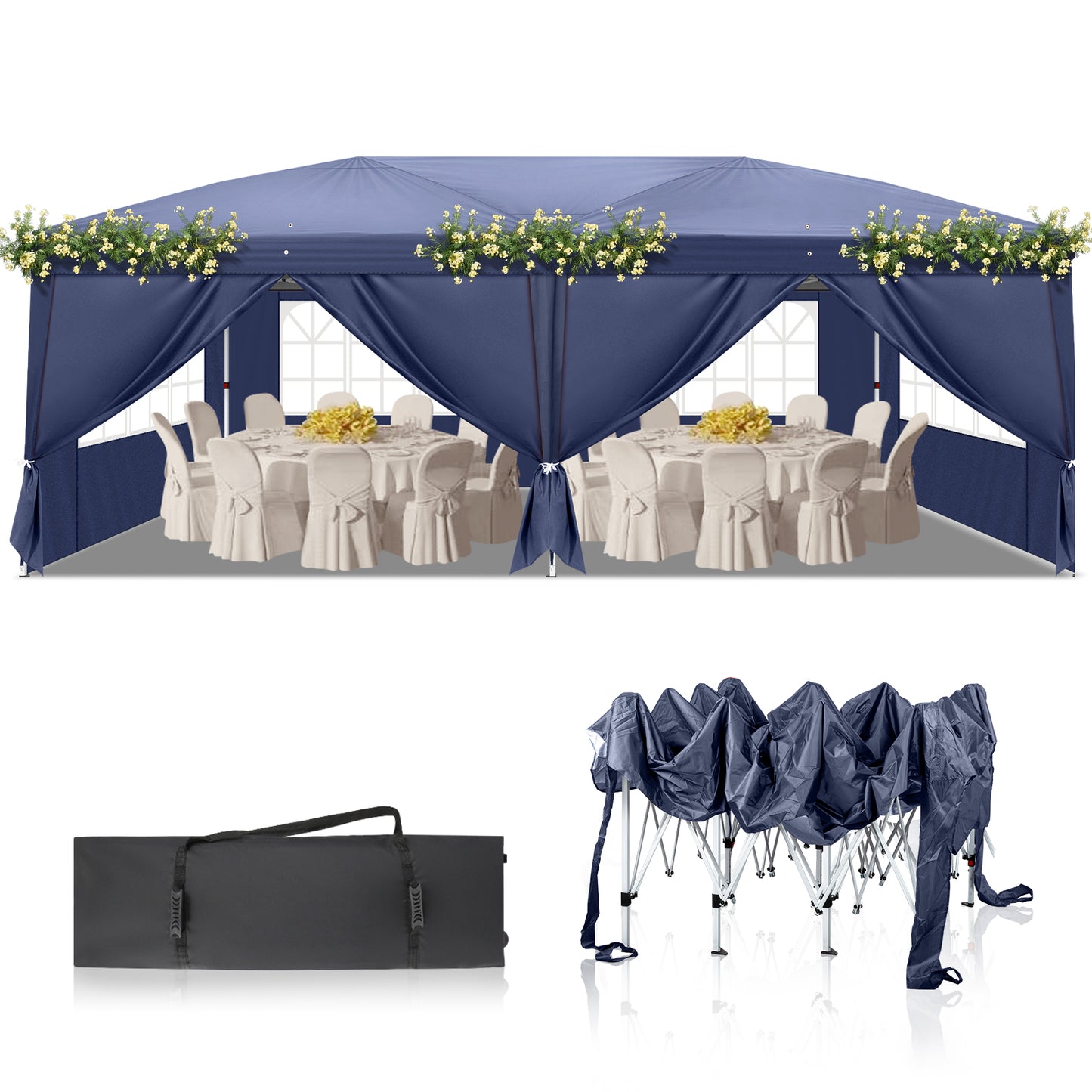 3x6M Pop up blue Gazebo Heavy Duty Large Canopy Tent w/ 6 Sidewalls & Carrying Bag