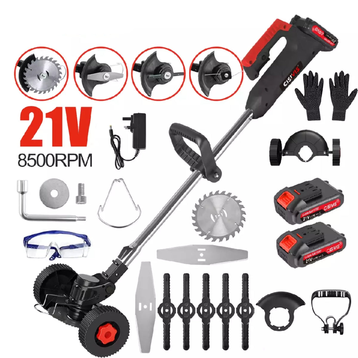 Wheel Cordless Strimmer Grass Trimmer Tree Cutter Garden Edger 2 Batteries Set