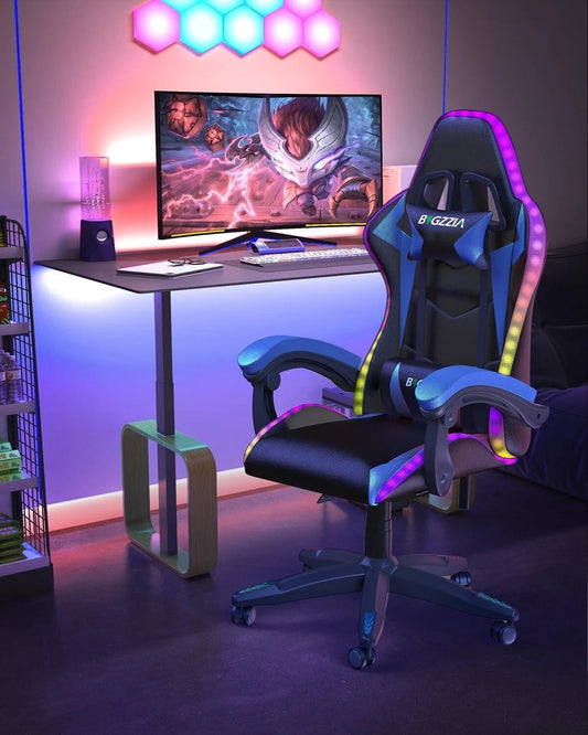 RGB Gaming Chair with LED Lights & Ergonomic Computer Chair Reclining Blue