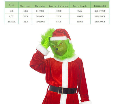 The Grinch Costume Mask Cosplay Adult Christmas Santa Suit Fancy Dress Outfit UK