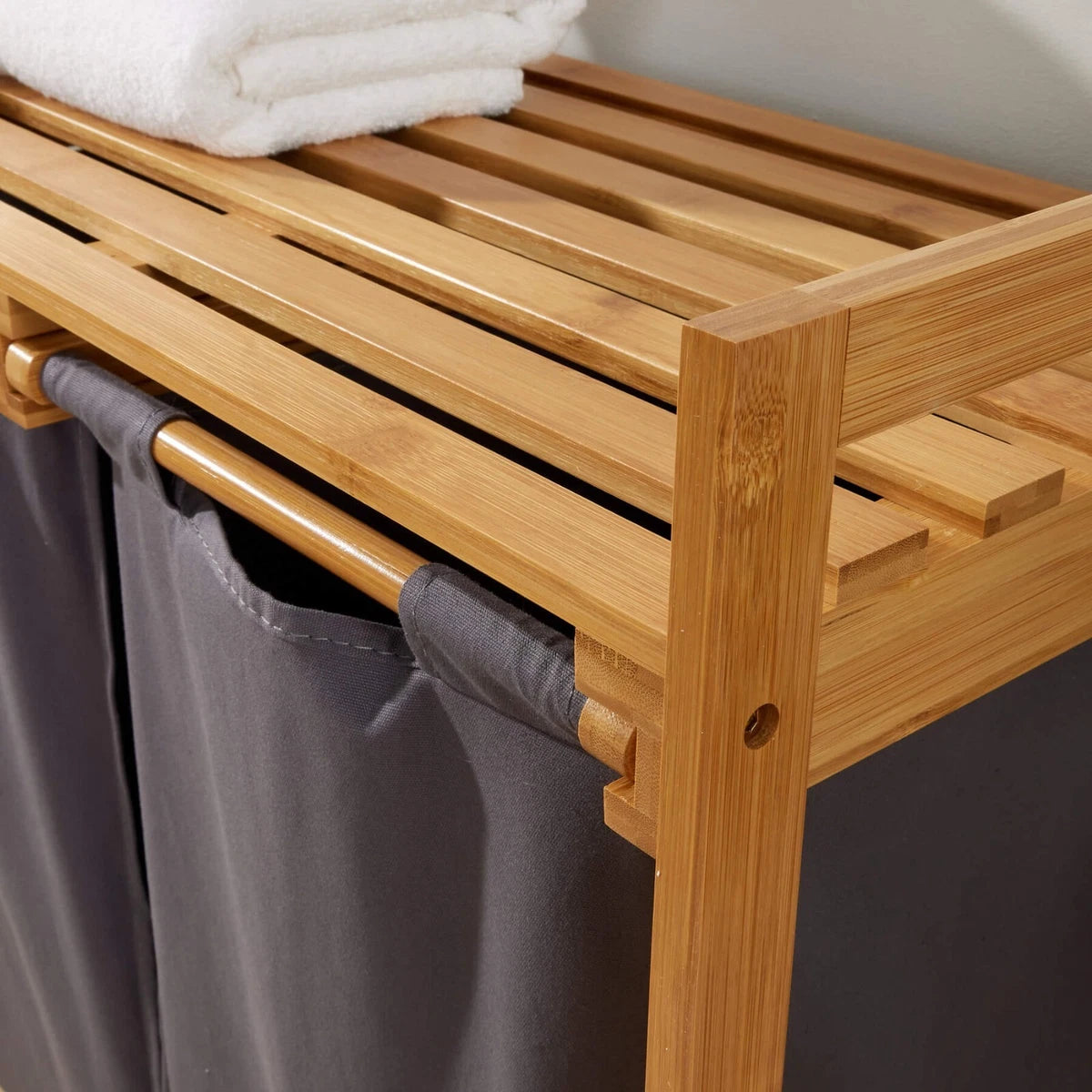 Bamboo Laundry Basket with Grey Pull out Fabric Compartments Bathroom Storage