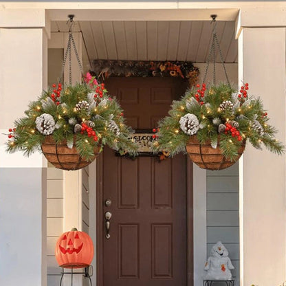 Artificial Christmas Hanging Basket, w/Led Light& Frosted Pine Cones Berry Decor