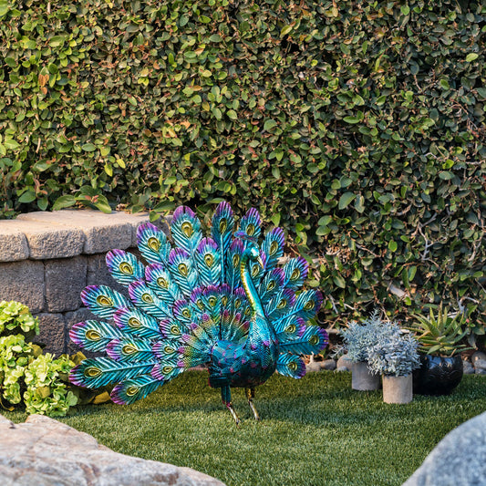 58 cm Tall Outdoor Metallic Peacock Tail Spread Yard Statue Decoration, Multicolor
