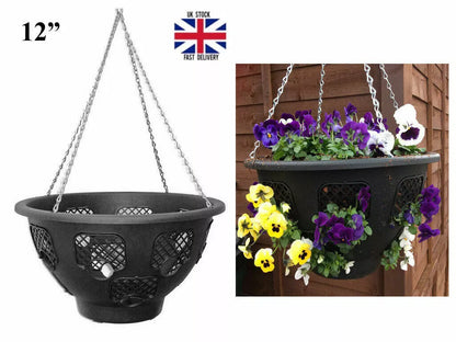 4 Pack-12" BLACK BASKETS W/CHAIN FOR PLANTS FLOWERS HANGING GARDEN OUTDOOR
