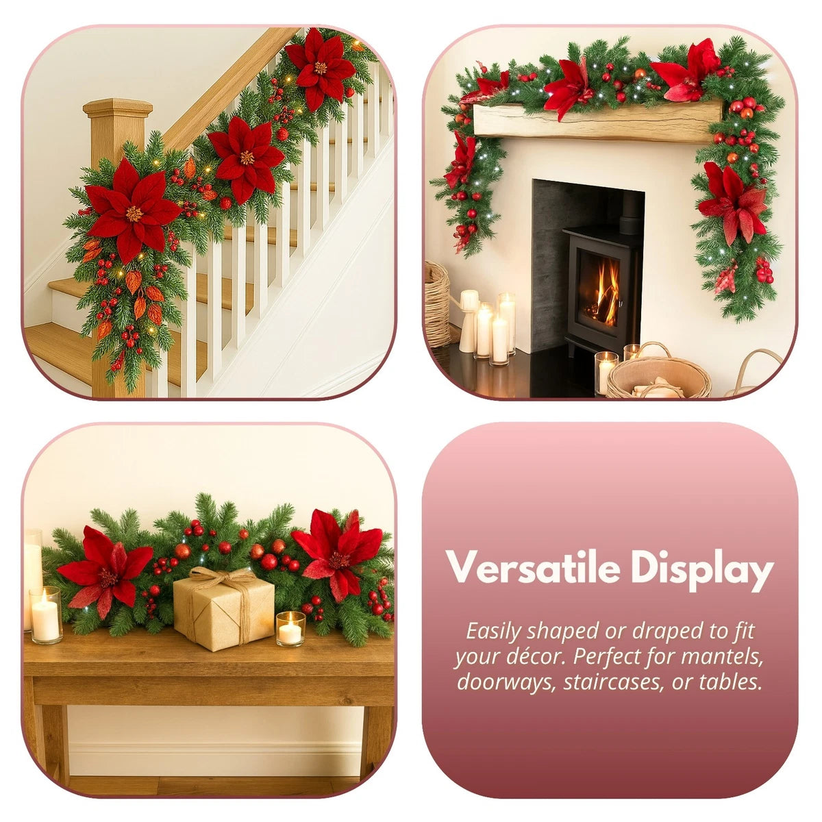 Christmas Light Up Garland 9ft Artificial Luxury Red Poinsettia Warm White LED's