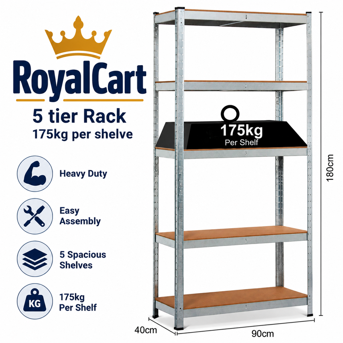 Warehouse 5 Tier Racking Shelf 180x90x40cm Heavy Duty Steel Garage Shelving Unit Garden Shed Shelving Galvanized,Red, Blue,Blac