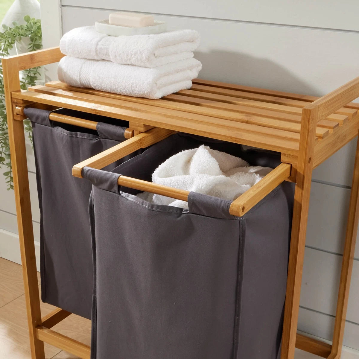 Bamboo Laundry Basket with Grey Pull out Fabric Compartments Bathroom Storage