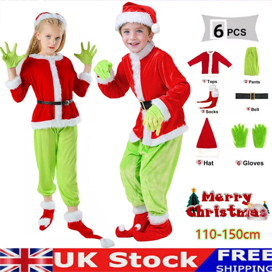 Kids Christmas The Grinch Costume Cosplay Santa Fancy Mask Outfit Dress UK