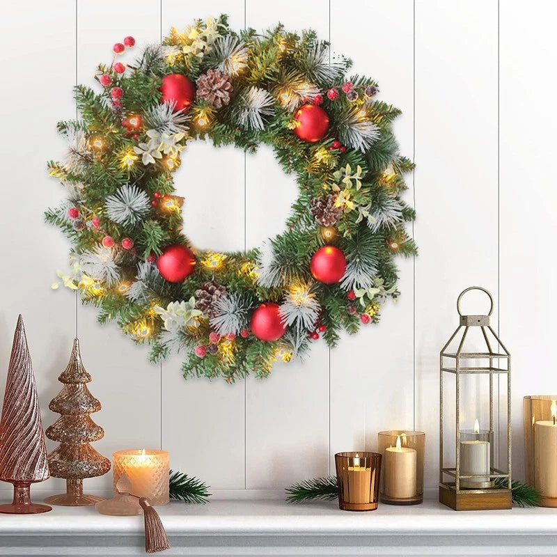 LED Christmas Wreath For Front Door Garland Christmas Xmas Ball Decor Outdoor