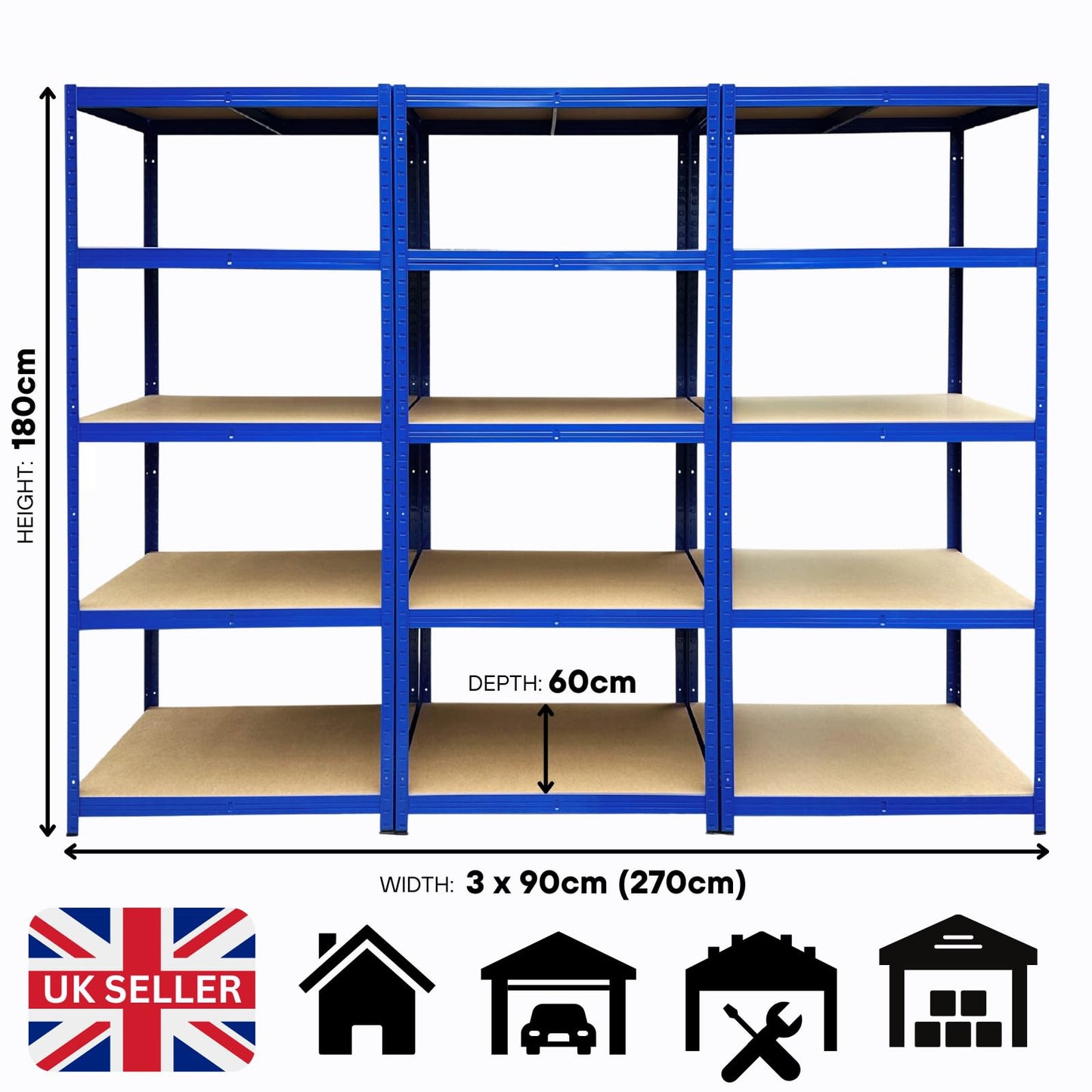 5 Tier Heavy Duty Garage Shelving Unit 3 Bay - 179x90x60 cm - 200kg UDL Per Shelf (1000kg Per Bay)