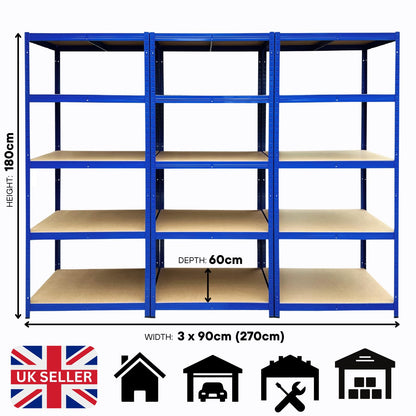 5 Tier Heavy Duty Garage Shelving Unit 3 Bay - 179x90x60 cm - 200kg UDL Per Shelf (1000kg Per Bay)
