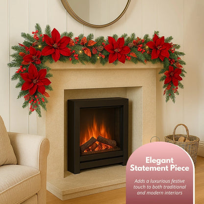 Christmas Light Up Garland 9ft Artificial Luxury Red Poinsettia Warm White LED's