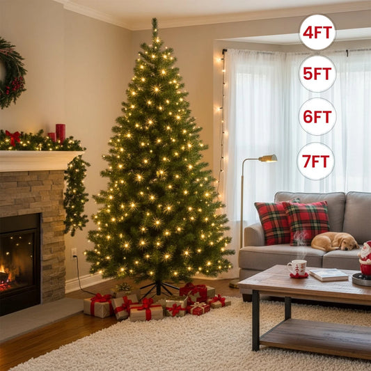 4/5/6ft Pre Lit Christmas Tree with LED Lights Bushy Tips Artificial Xmas Tree